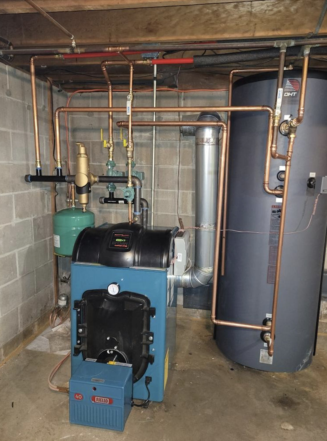 Custom copper-piped oil boiler with indirect water heater installation